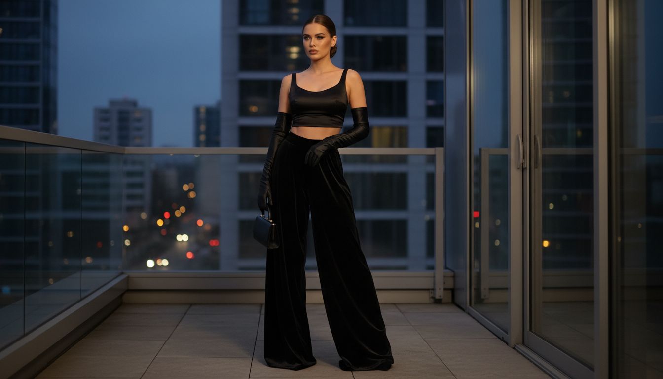 Вечерний образ: модель в ультра-длинных черных Puddle Pants из бархата, сочетающихся с атласным кроп-топом и длинными перчатками.