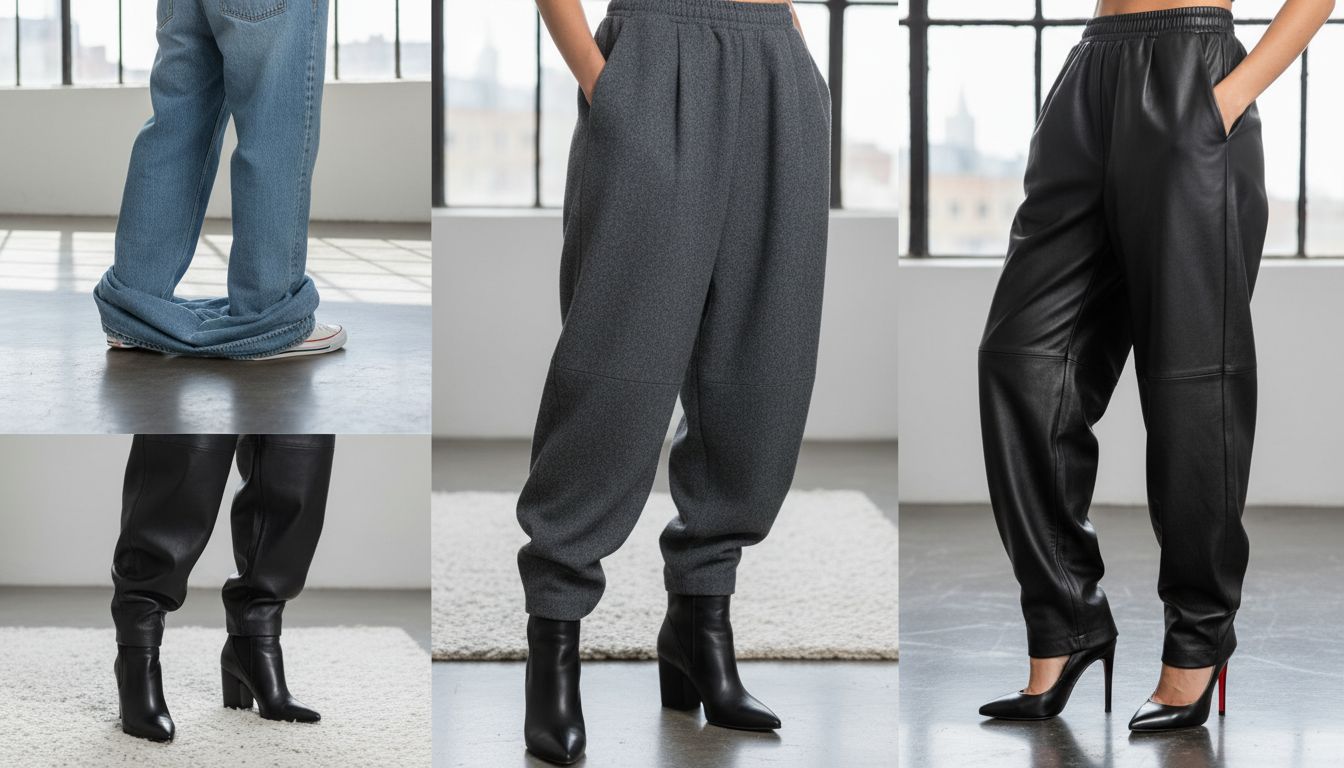 Коллаж из трех примеров: Puddle Pants из денима с кроссовками, Puddle Pants из шерсти с ботильонами, Puddle Pants из кожи с туфлями на шпильке.