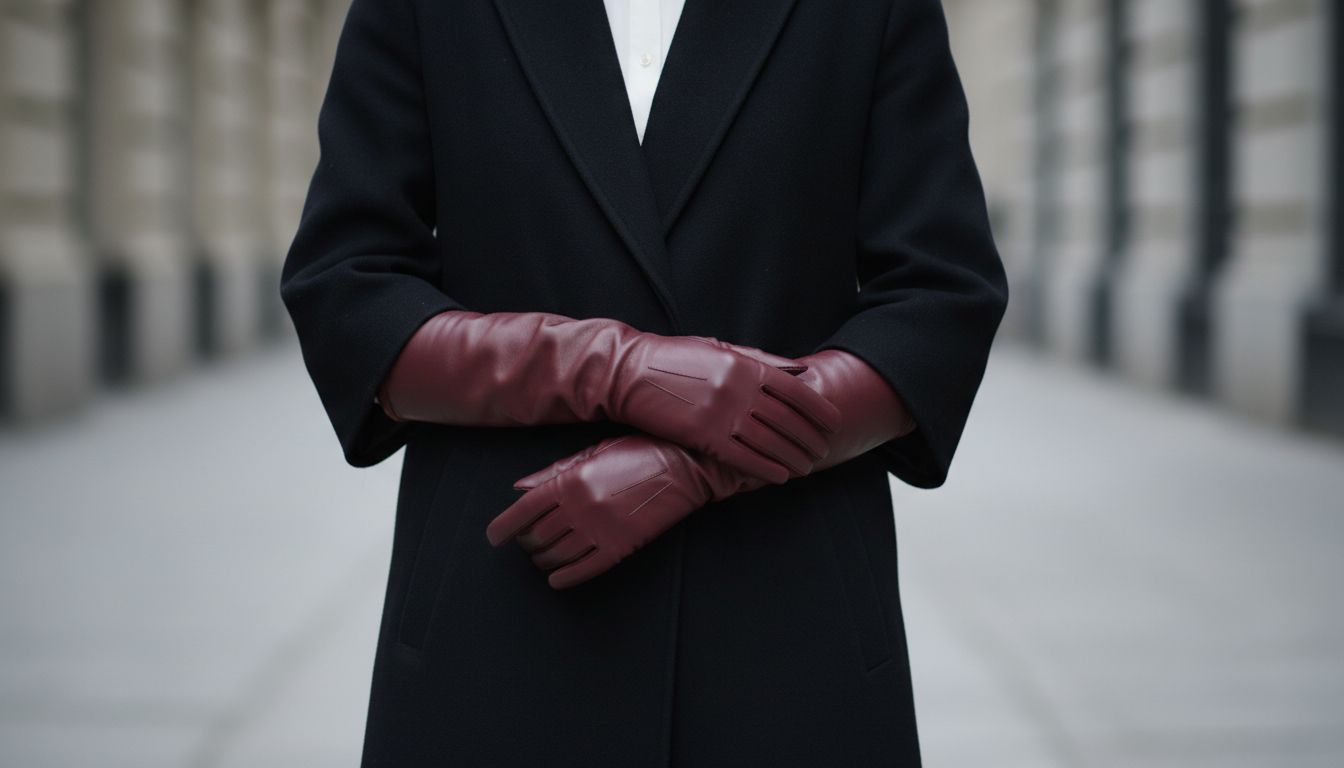 Стилизация длинных перчаток из бордовой кожи с укороченным рукавом черного шерстяного пальто.