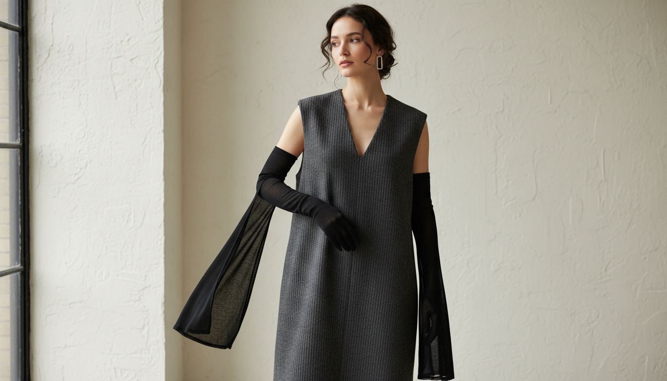 Девушка в длинных перчатках из тонкого черного трикотажа, стилизованных с шерстяным платьем-жилетом без рукавов.
