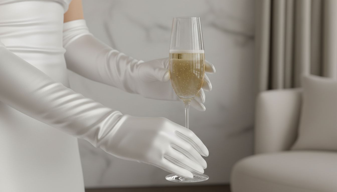 Крупный план на руки в длинных белых атласных перчатках, держащих бокал шампанского.