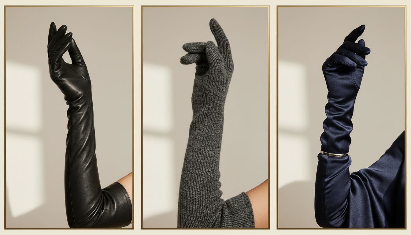 Модный коллаж, показывающий три разных варианта длинных перчаток: черная кожа, серый трикотаж и темно-синий атлас.