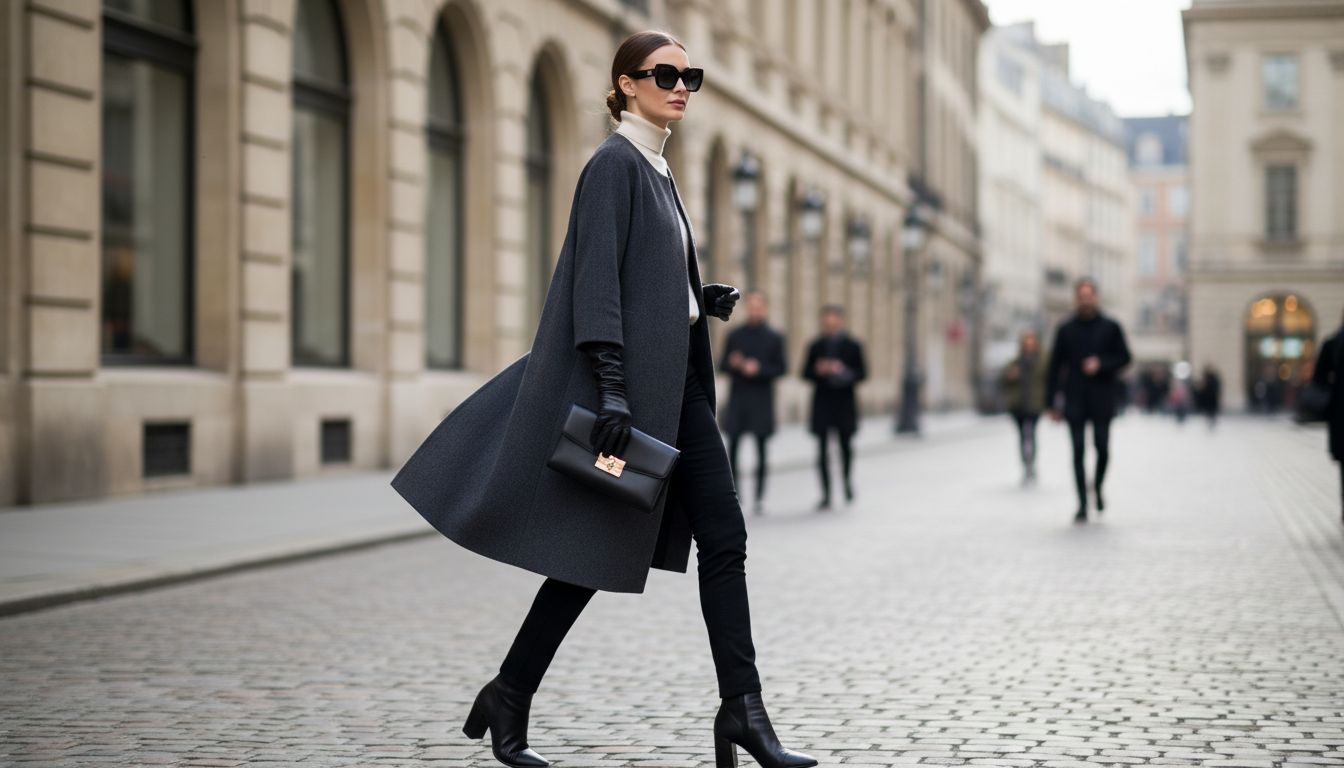 Модель идет по улице в длинном сером пальто с рукавом 3/4 и черных кожаных перчатках, держа в руке клатч.