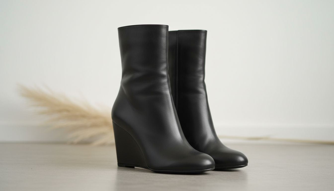 Крупный план ботильонов из черной гладкой кожи на полностью закрытой, интегрированной танкетке.