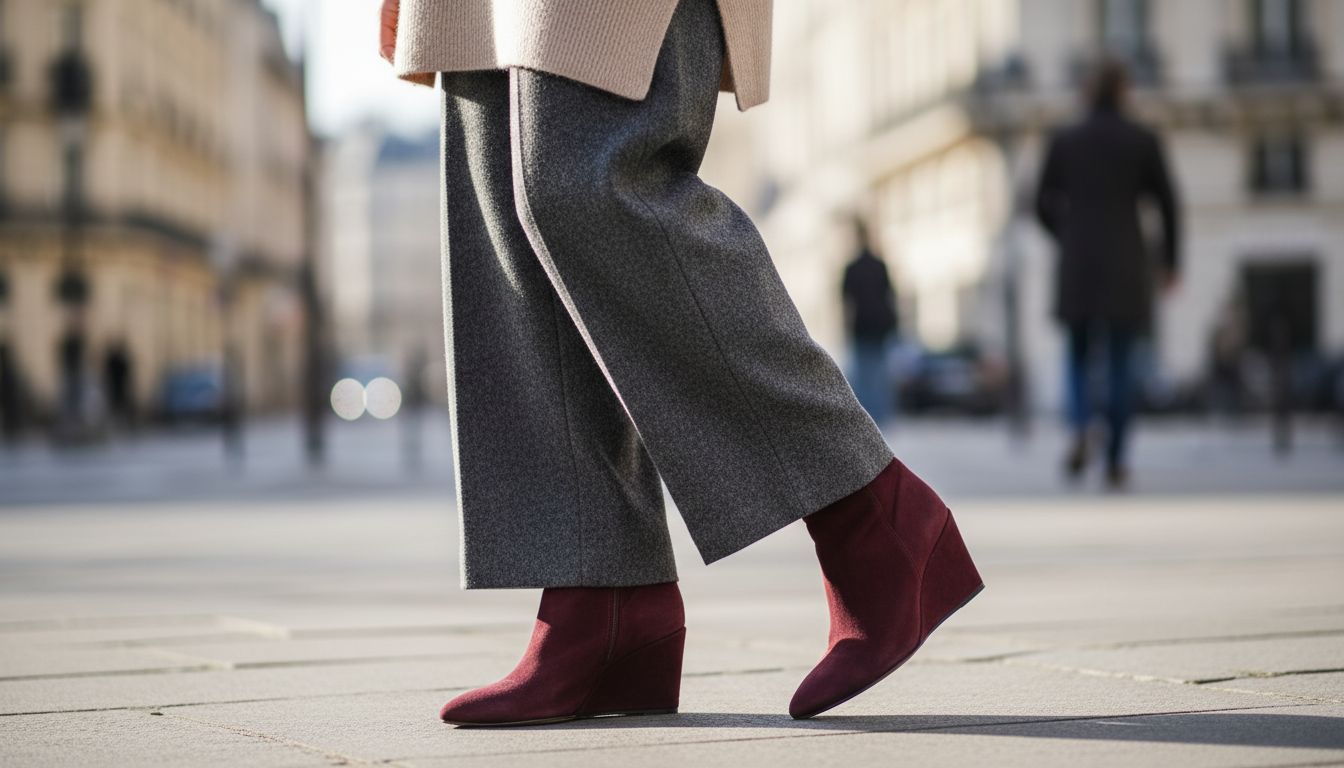 Ботильоны на скрытой танкетке из бордовой замши, стилизованные с широкими шерстяными брюками.