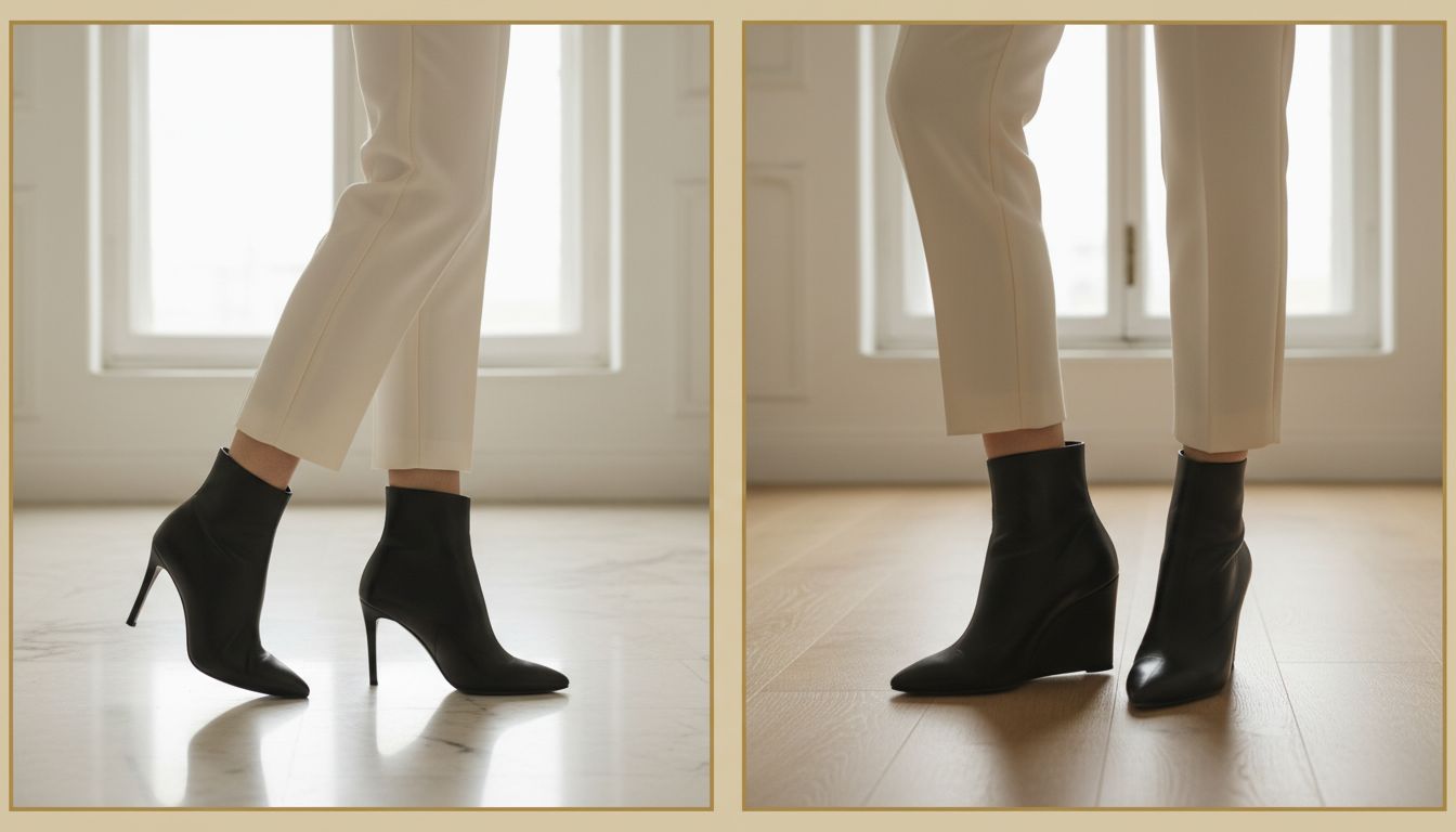 Сравнение силуэтов: ботильоны на шпильке и ботильоны на танкетке, демонстрирующие разницу в устойчивости и чистоте линии.
