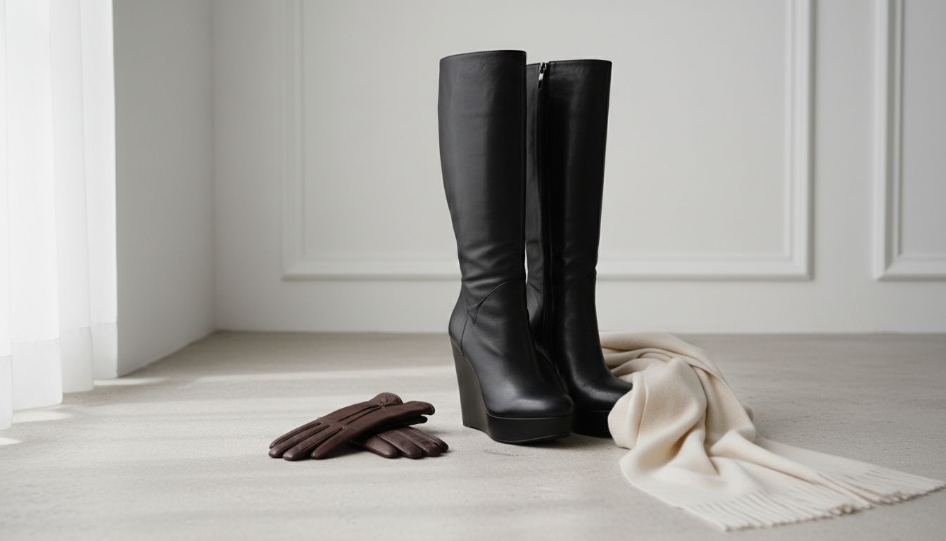 Стилизованный натюрморт: высокие сапоги на закрытой танкетке рядом с зимними аксессуарами – кожаными перчатками и кашемировым шарфом.