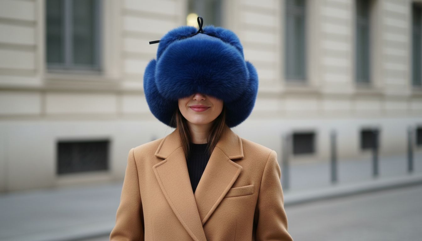 Объемная шапка-ушанка из ярко-синего искусственного меха, надетый с классическим шерстяным пальто верблюжьего цвета.