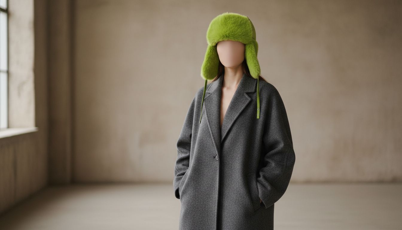 Стилизованный образ: Ярко-зеленая шапка-ушанка из искусственного меха в сочетании с классическим серым пальто оверсайз.
