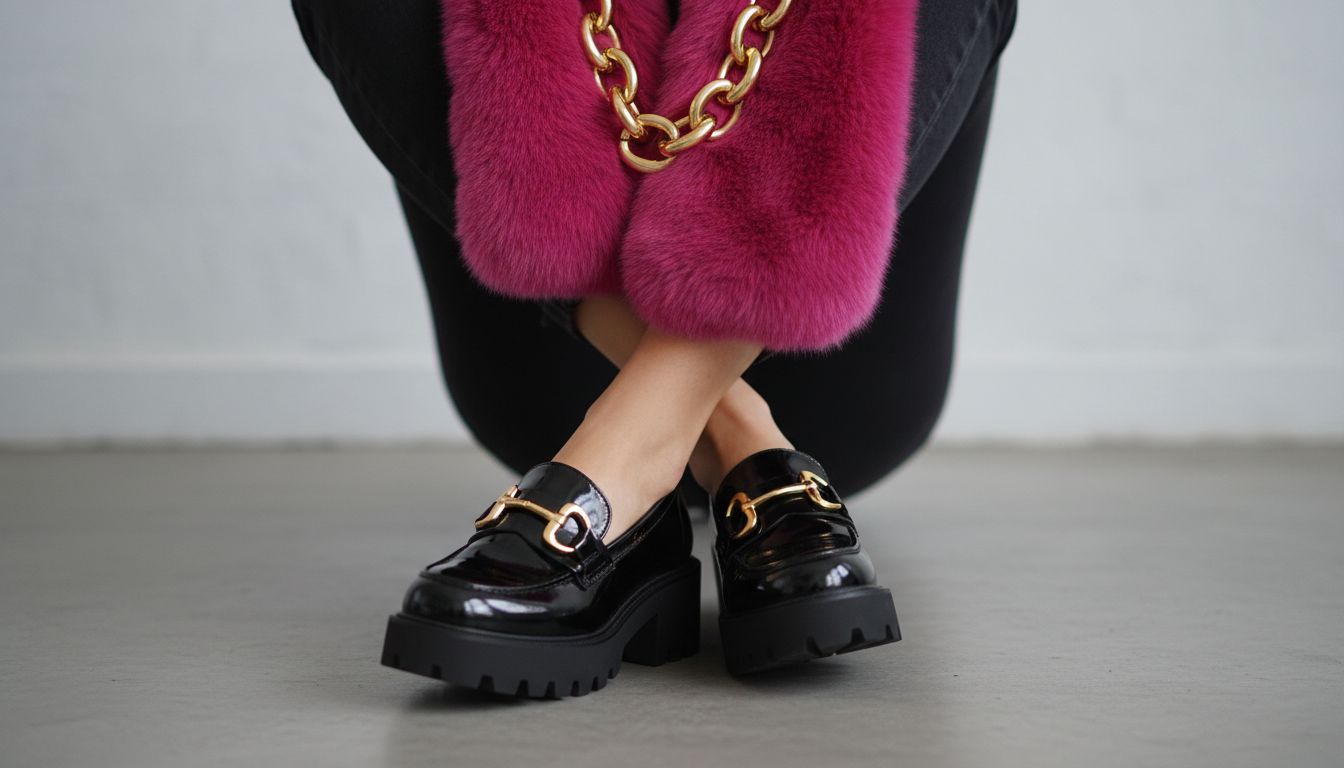 Крупный план стилизованного образа: ярко-розовый меховой шарф, массивное золотое колье и черные лоферы на платформе.