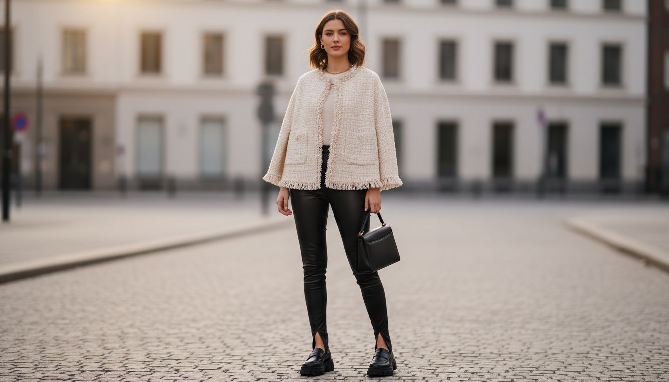 Девушка в коротком твидовом кейпе с бахромой, стилизованном с кожаными леггинсами со штрипками и лоферами на платформе.