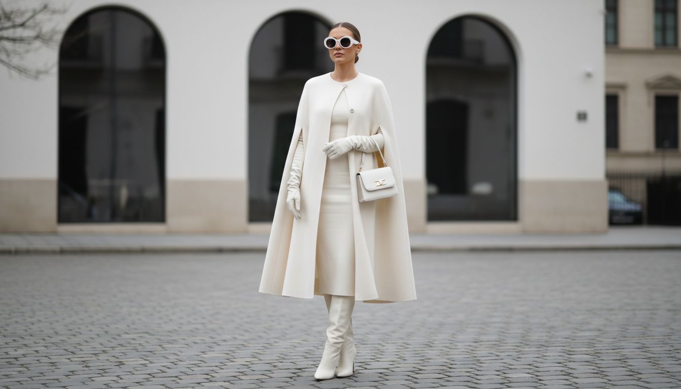 Элегантный тотал-лук в молочном цвете: кашемировый кейп-миди, стилизованный с длинными кожаными перчатками и высокими сапогами.