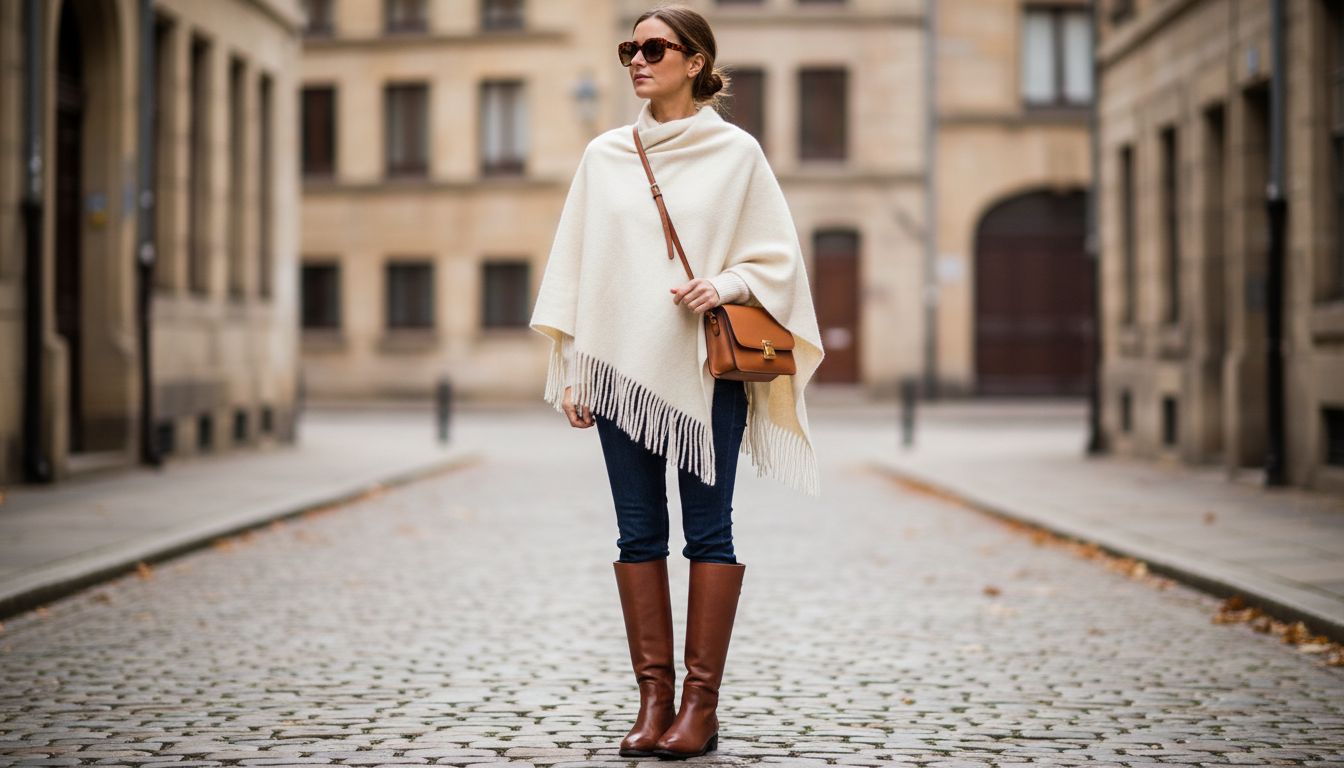 Стилизация для выходного дня: шерстяное пончо с бахромой, накинутое поверх джинсов-клеш и высоких сапог-жокей.