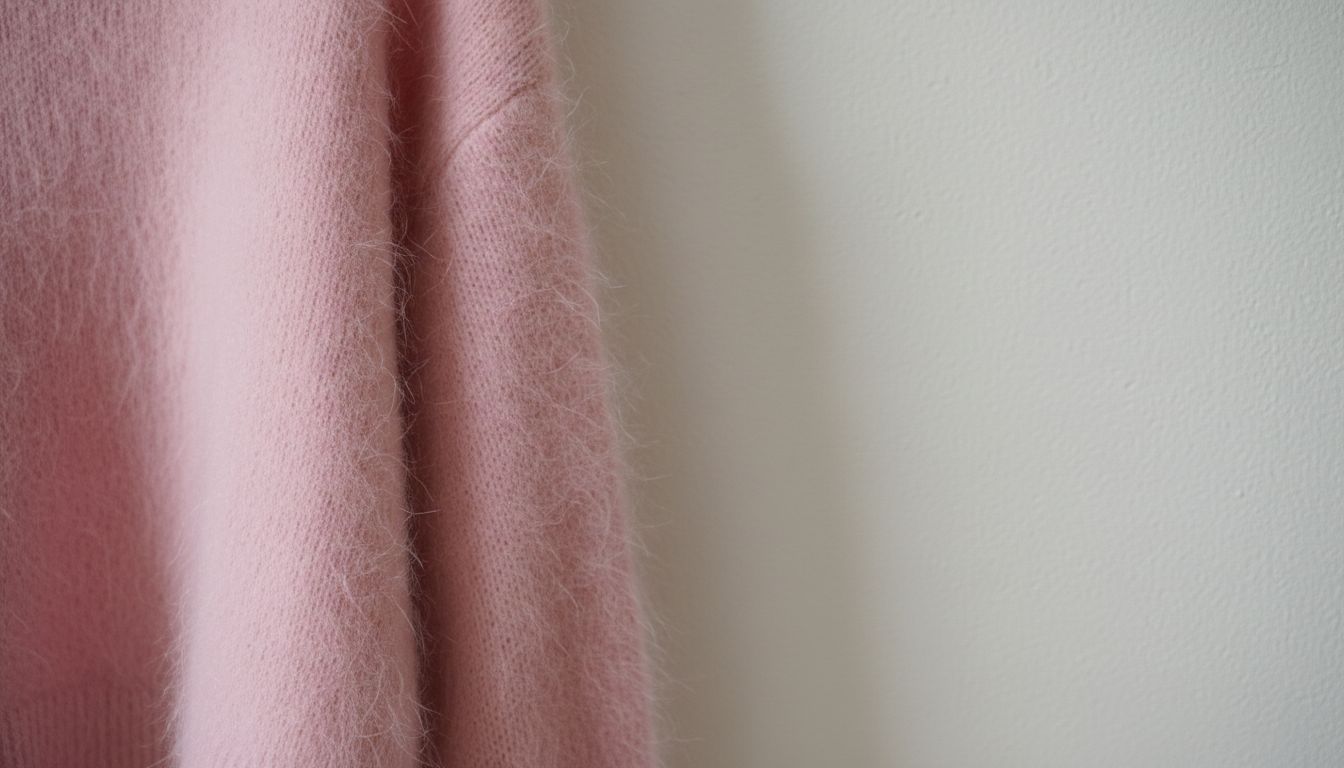 Крупный план свитера из розового пушистого мохера, демонстрирующий текстуру ворса, на фоне матовой стены.