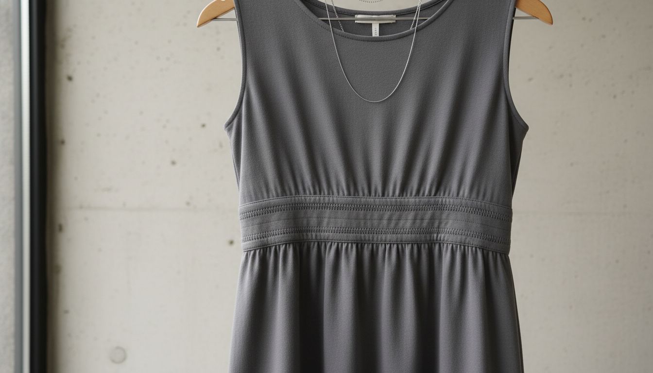 Детальный снимок платья с заниженной талией из плотного серого трикотажа, подчеркнутый декоративным швом.