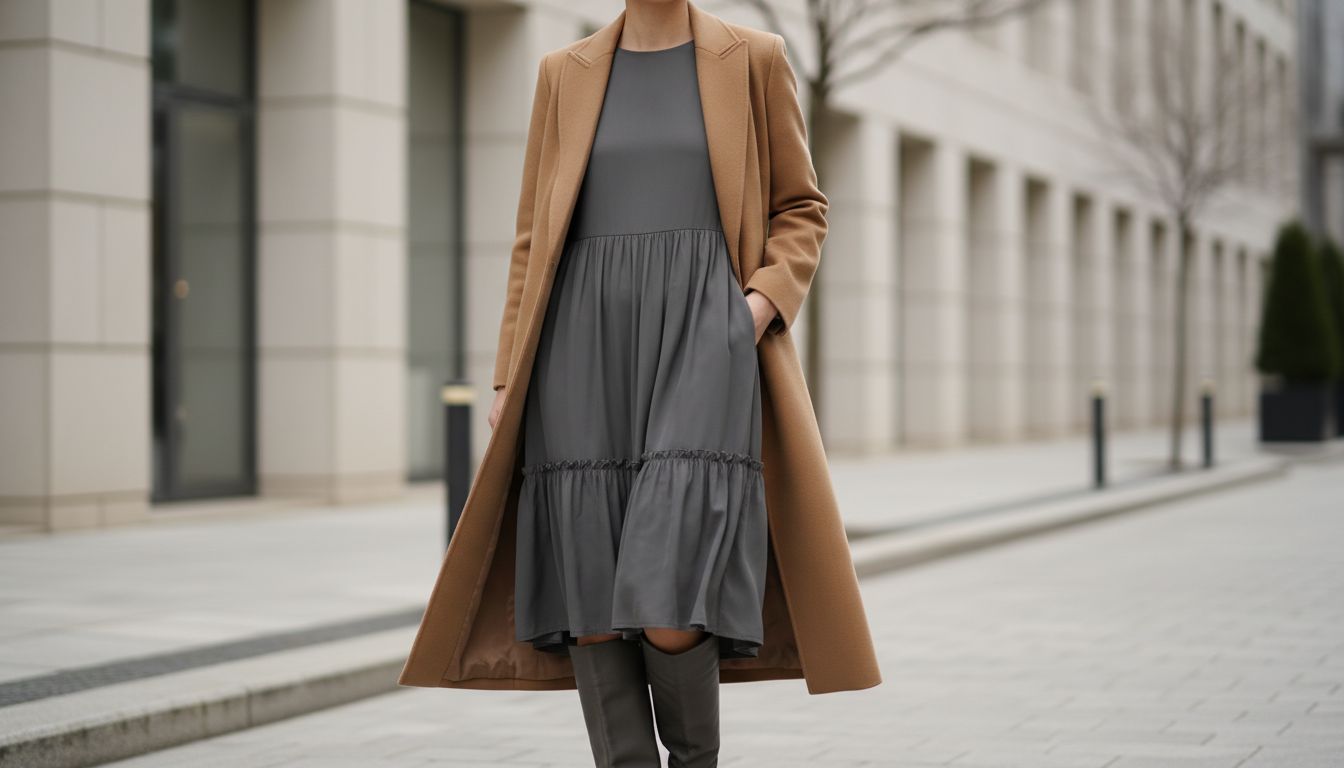 Образ с платьем Drop Waist миди-длины, стилизованным с высокими сапогами в тон и длинным пальто.