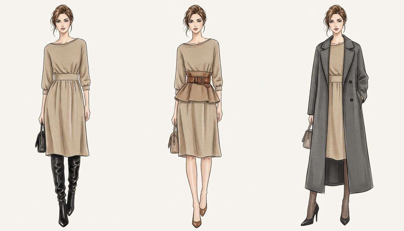Фэшн-иллюстрация, показывающая три различных способа стилизации Drop Waist платья: с ботфортами, с широким поясом и с длинным пальто.