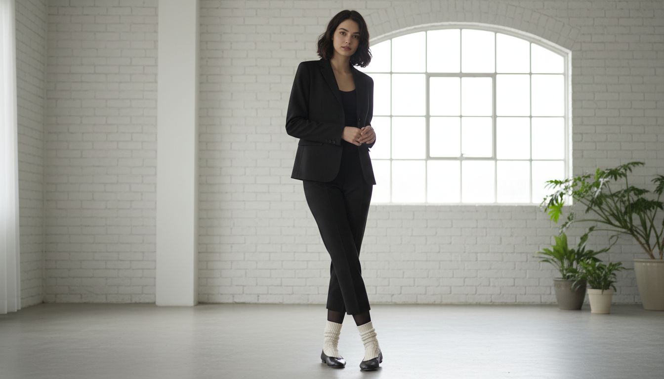 Девушка в укороченных черных шерстяных брюках, черных плотных колготках и балетках с белыми шерстяными носками, выглядывающими из-под обуви.