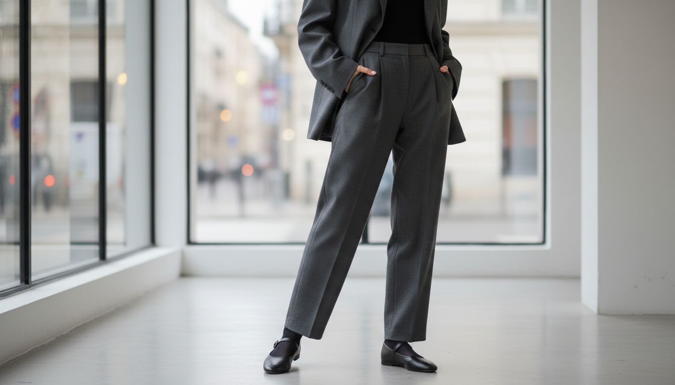 Модель в брючном костюме оверсайз, стилизованном с черными колготками и минималистичными черными балетками Мэри-Джейнс с одной тонкой пряжкой.