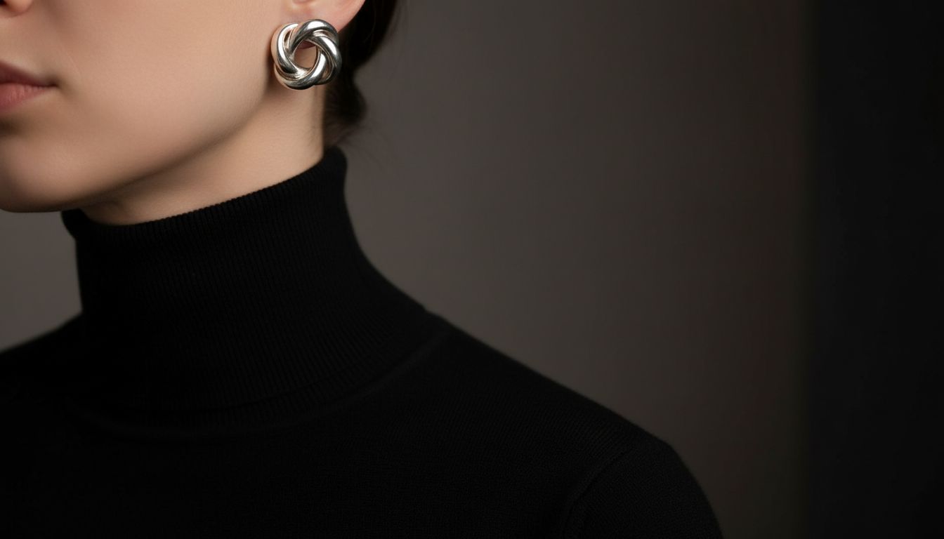 Крупный план массивных серебряных гвоздиков в форме абстрактных узлов на фоне черной водолазки.