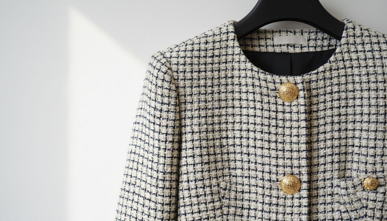 Детальный снимок твидового жакета с акцентированными плечами и золотыми пуговицами, демонстрирующий высокое качество материала.