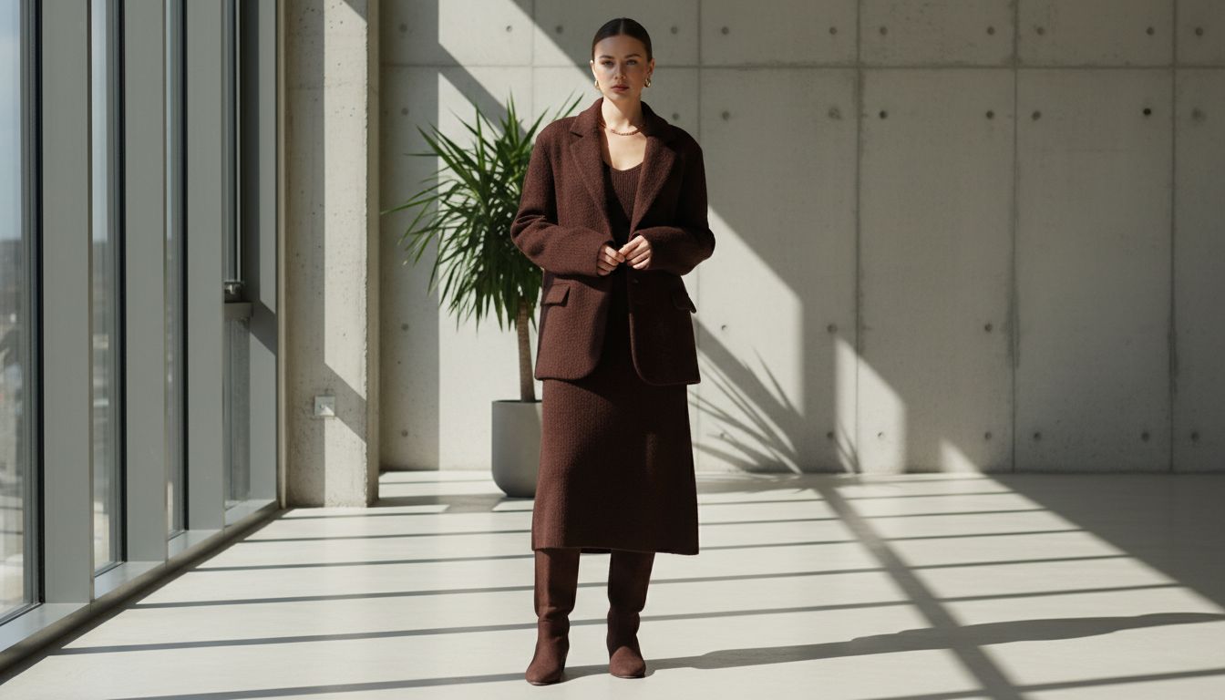 Женщина в монохромном шерстяном костюме цвета глубокого эспрессо с юбкой-миди и высокими сапогами, подчеркивающими вертикаль.