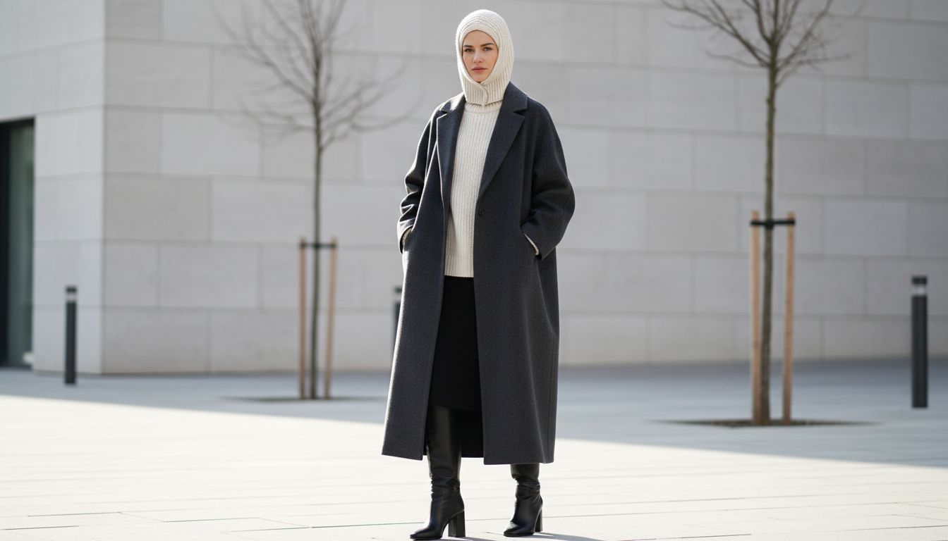 Стилизация трикотажного капора в монохромном образе с шерстяным пальто и высокими сапогами.