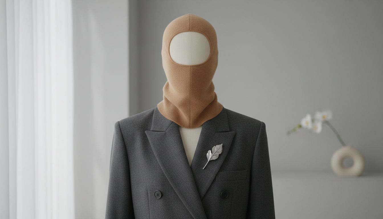 Отдельный кашемировый капор, надетый поверх строгого двубортного блейзера.