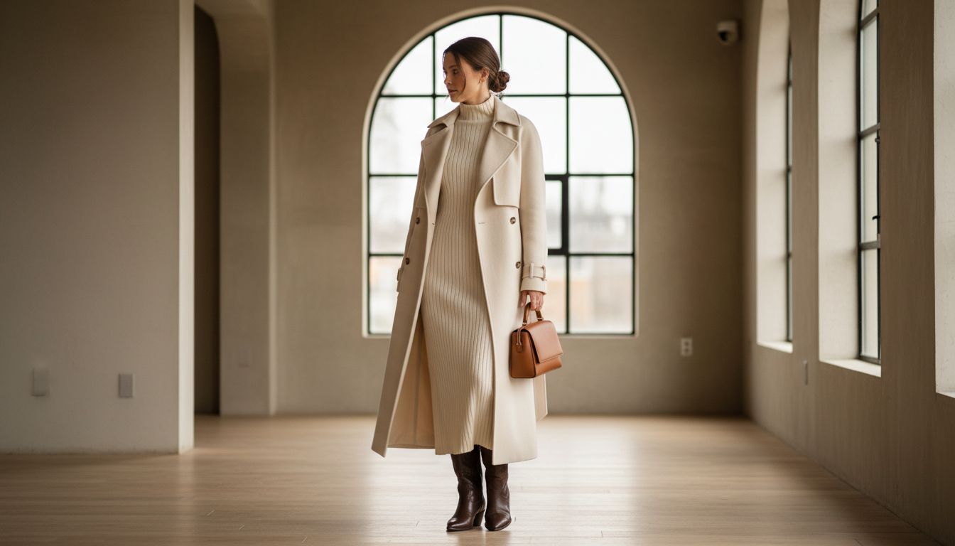 Девушка в бежевом кашемировом пальто-макси, из-под которого видны только носы темно-коричневых ковбойских сапог, и вязаном платье