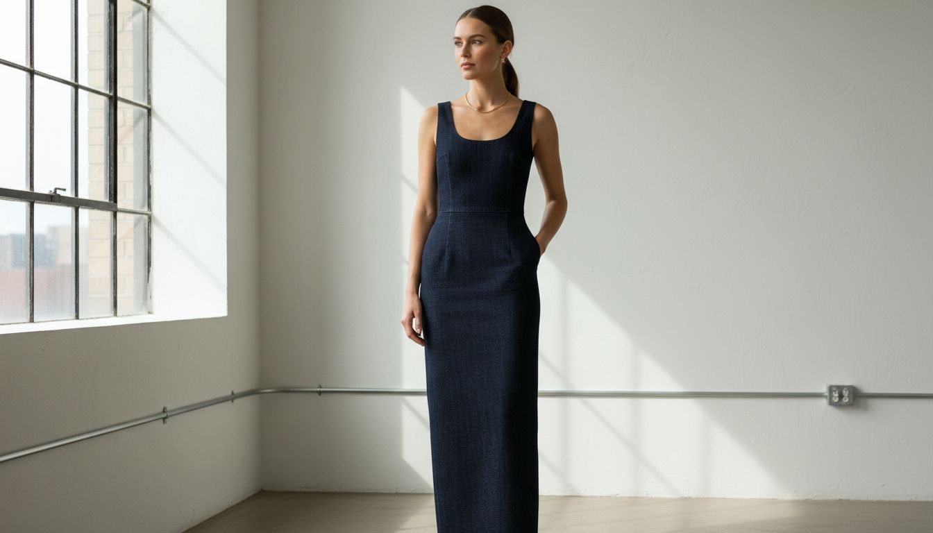 Девушка в джинсовом платье-футляре макси-длины с минималистичным вырезом, демонстрирующая идеальную посадку и темный насыщенный цвет ткани.