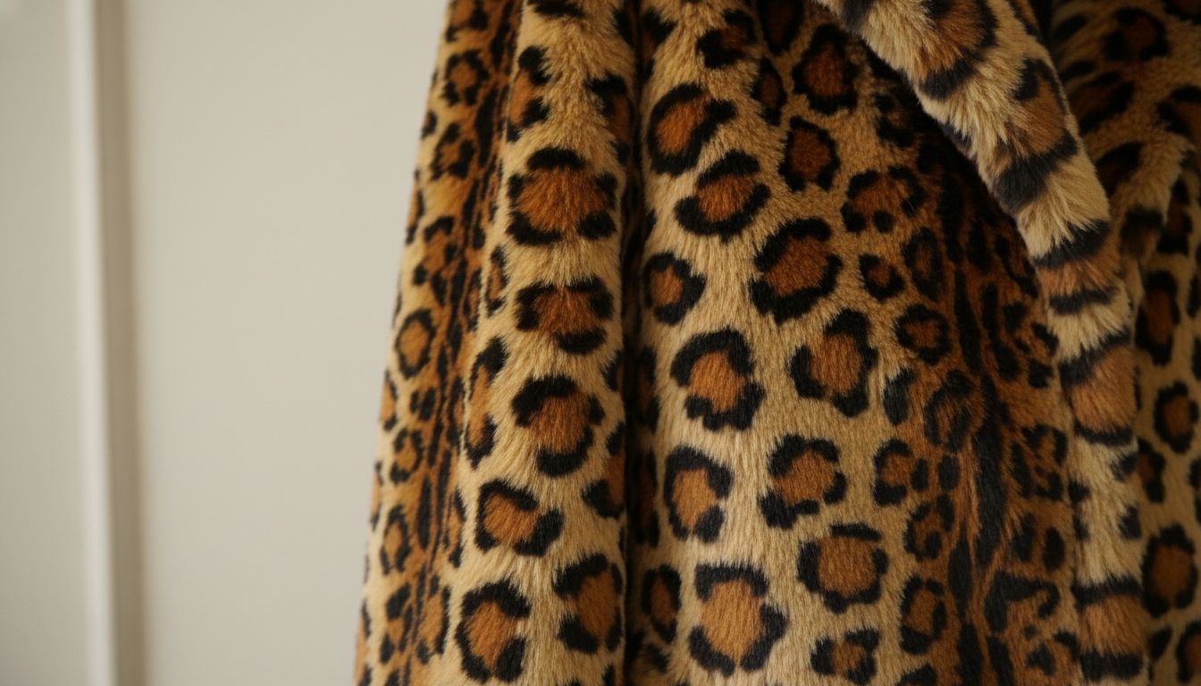 Крупный план леопардового принта на высококачественном искусственном мехе пальто, демонстрирующий глубину цвета и четкость пятен.