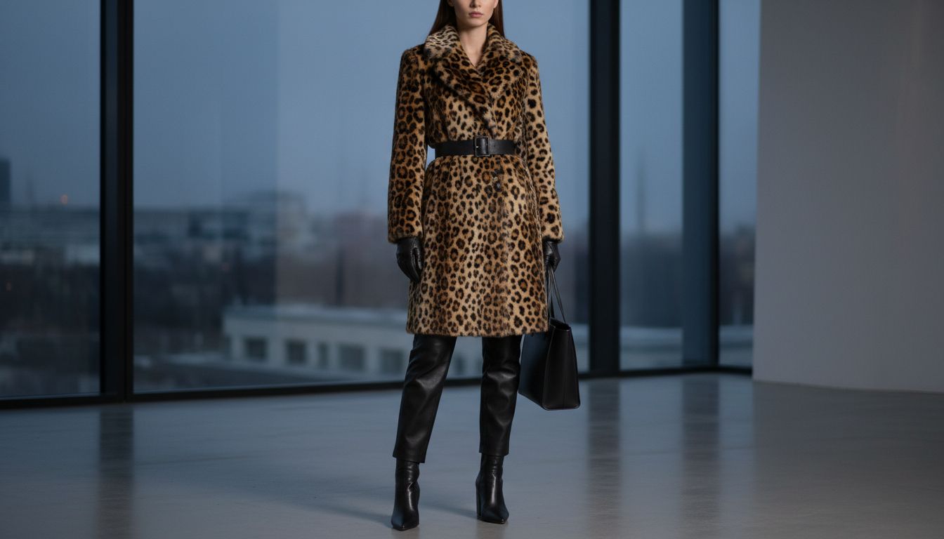 Стилизация леопардового пальто: чистый силуэт, сочетание с черной кожей и минималистичной сумкой.