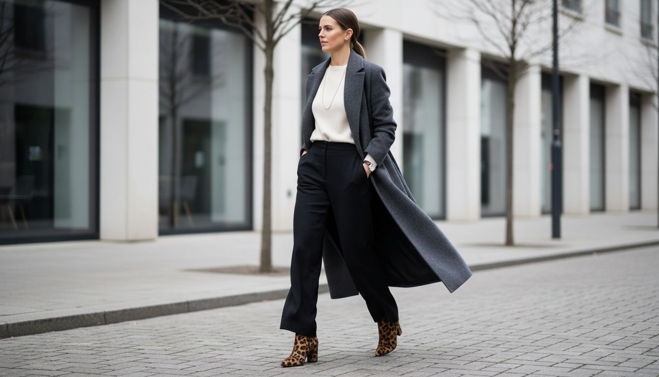 Женщина в леопардовых ботильонах, стилизованных с широкими черными брюками и длинным серым пальто, демонстрируя минималистичный подход к принту.