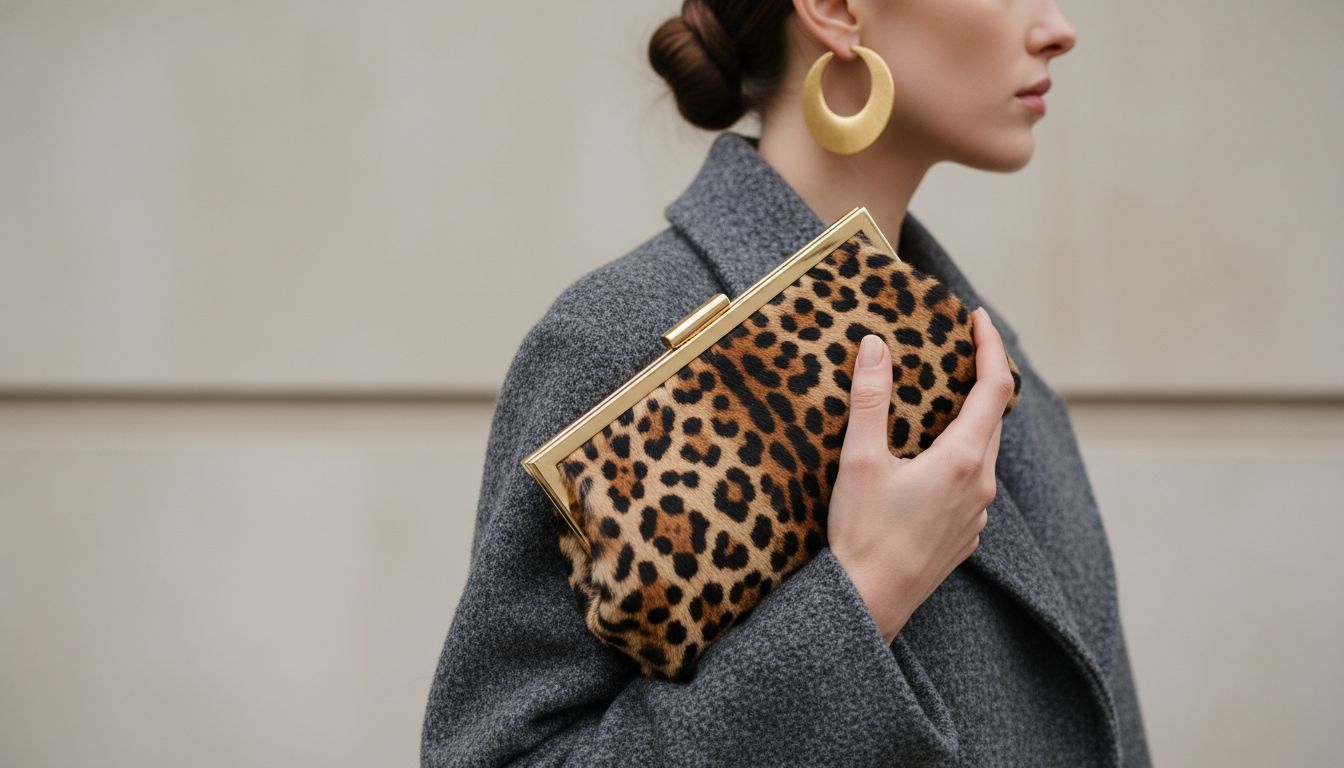 Акцентный леопардовый клатч, стилизованный с пальто из серой шерсти и крупными золотыми серьгами.