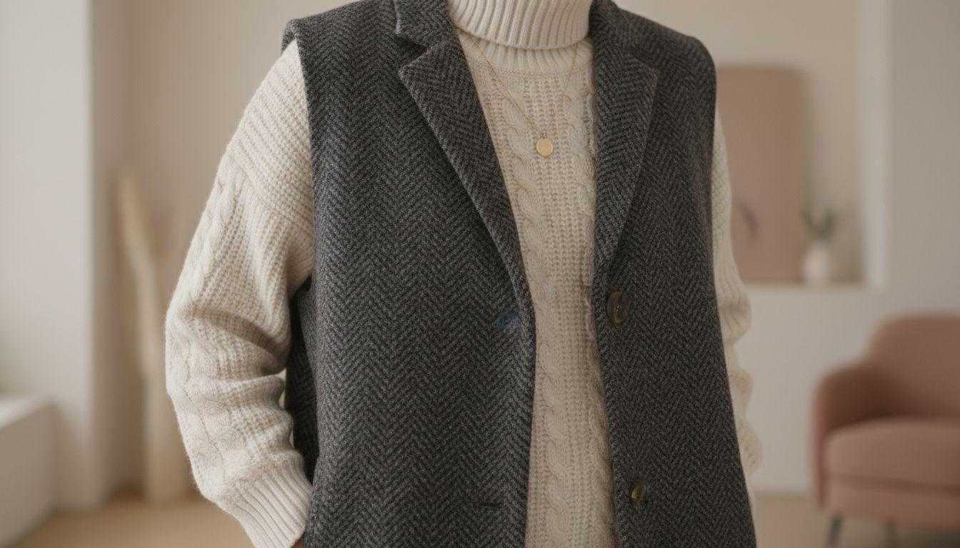 Крупный план на шерстяной жилет, надетый поверх кремовой водолазки крупной вязки.