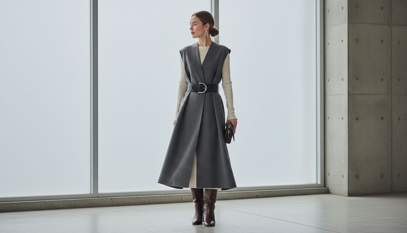 Женщина в длинном шерстяном жилете-тунике, подпоясанном широким ремнем, и высоких сапогах.