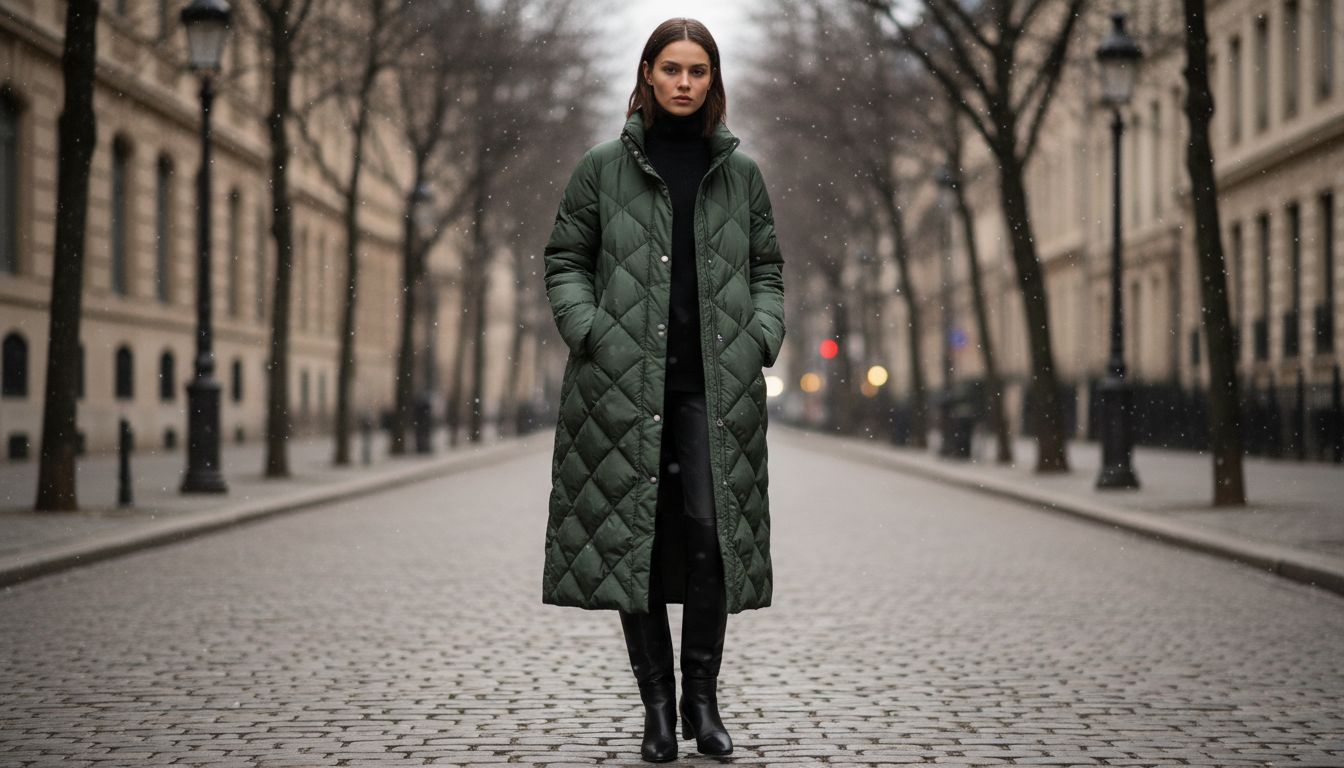 Длинный стеганый пуховик в цвете Hunter Green, стилизованный с высокими кожаными сапогами и черной водолазкой.