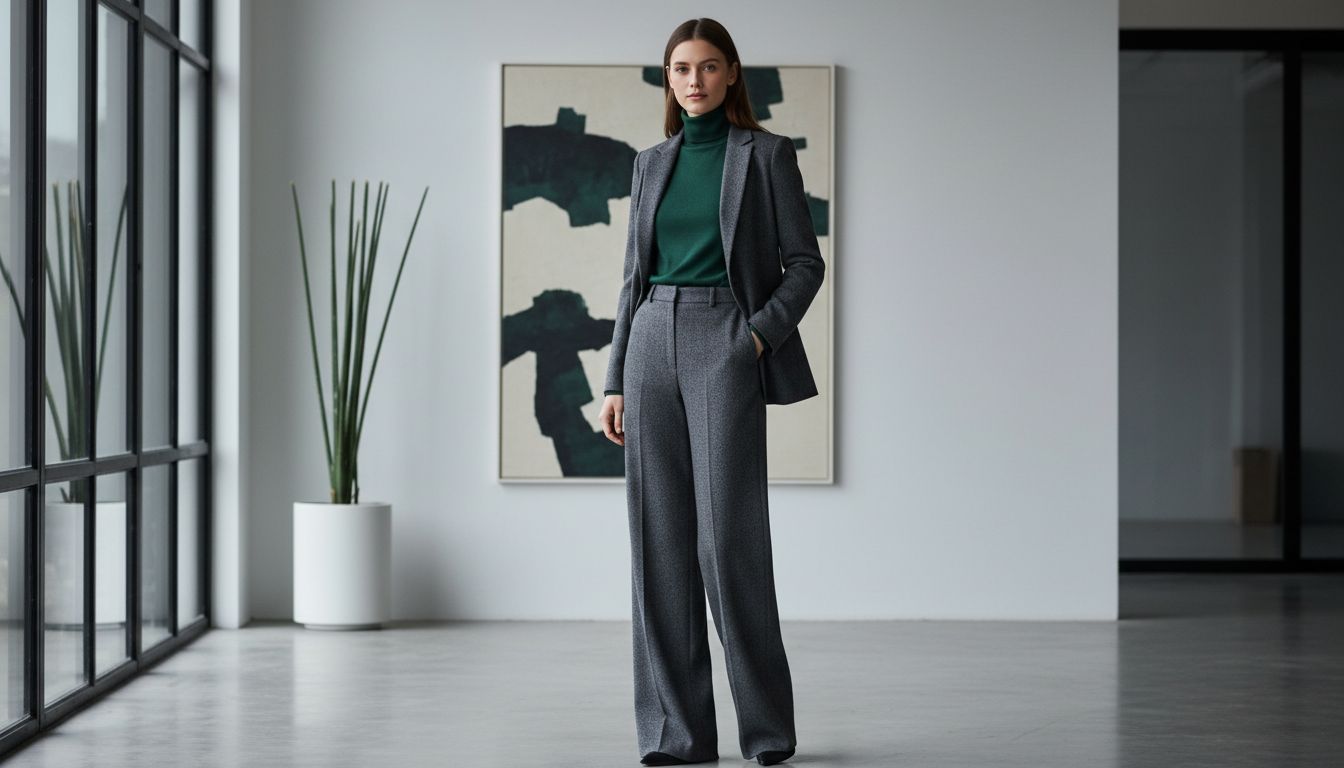 Модель в брючном костюме цвета глубокого графита и шерстяной водолазке оттенка Hunter Green.