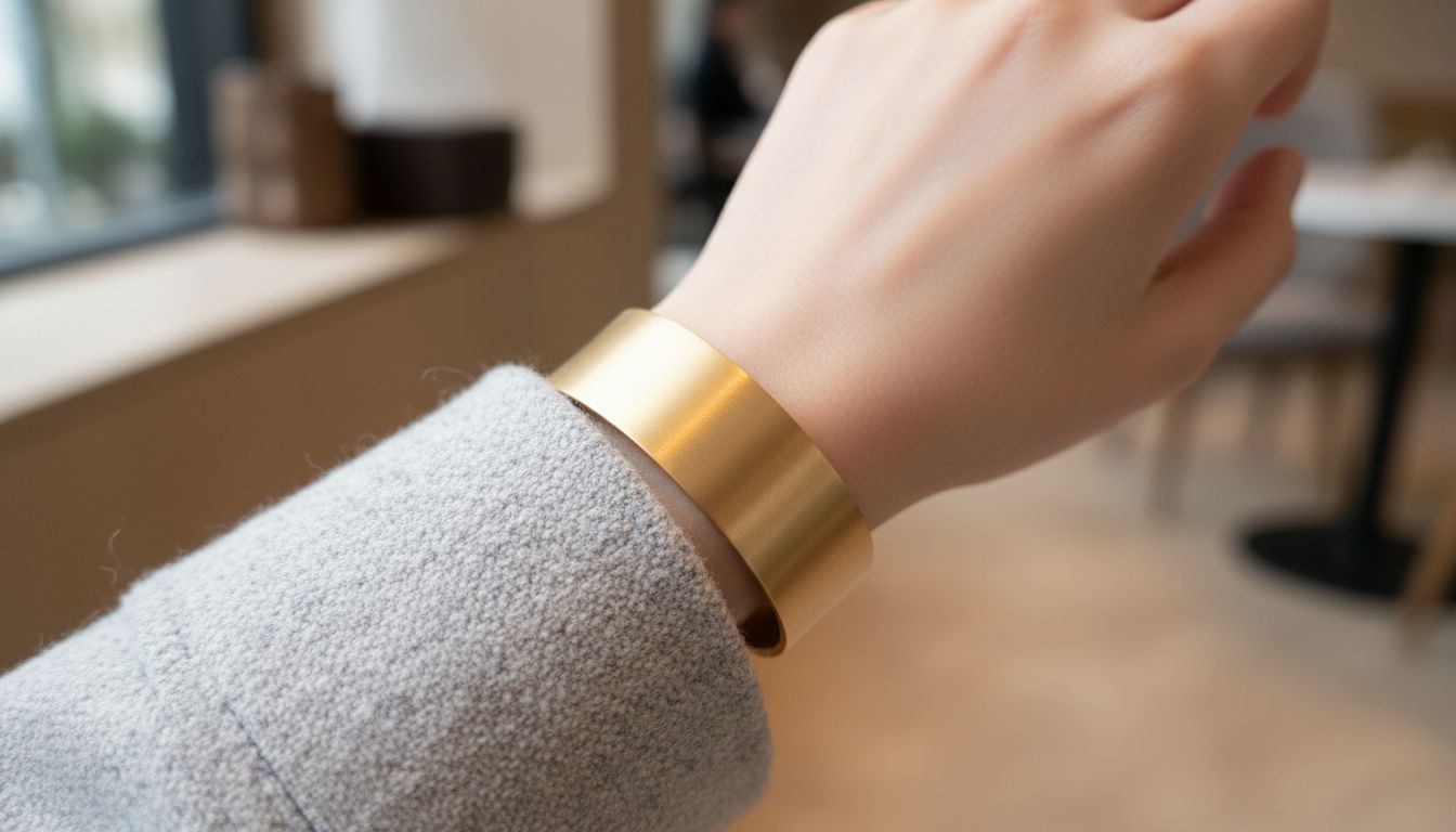 Крупный план: рука в светло-сером твидовом пальто, на манжете которого закреплен широкий браслет из матового золота с минималистичным дизайном.
