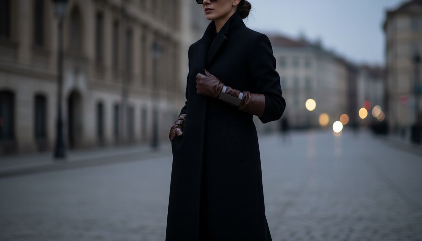 Девушка в черном пальто-макси и длинных кожаных перчатках. Поверх одной перчатки надет широкий браслет из темного металла, создающий жесткую линию.