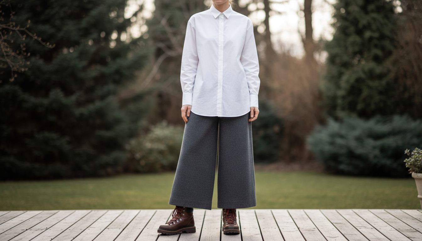 Женщина в свободных серых шерстяных брюках-палаццо и белой оверсайз рубашке, застегнутой наглухо, обута в темно-коричневые хайкерские ботинки.