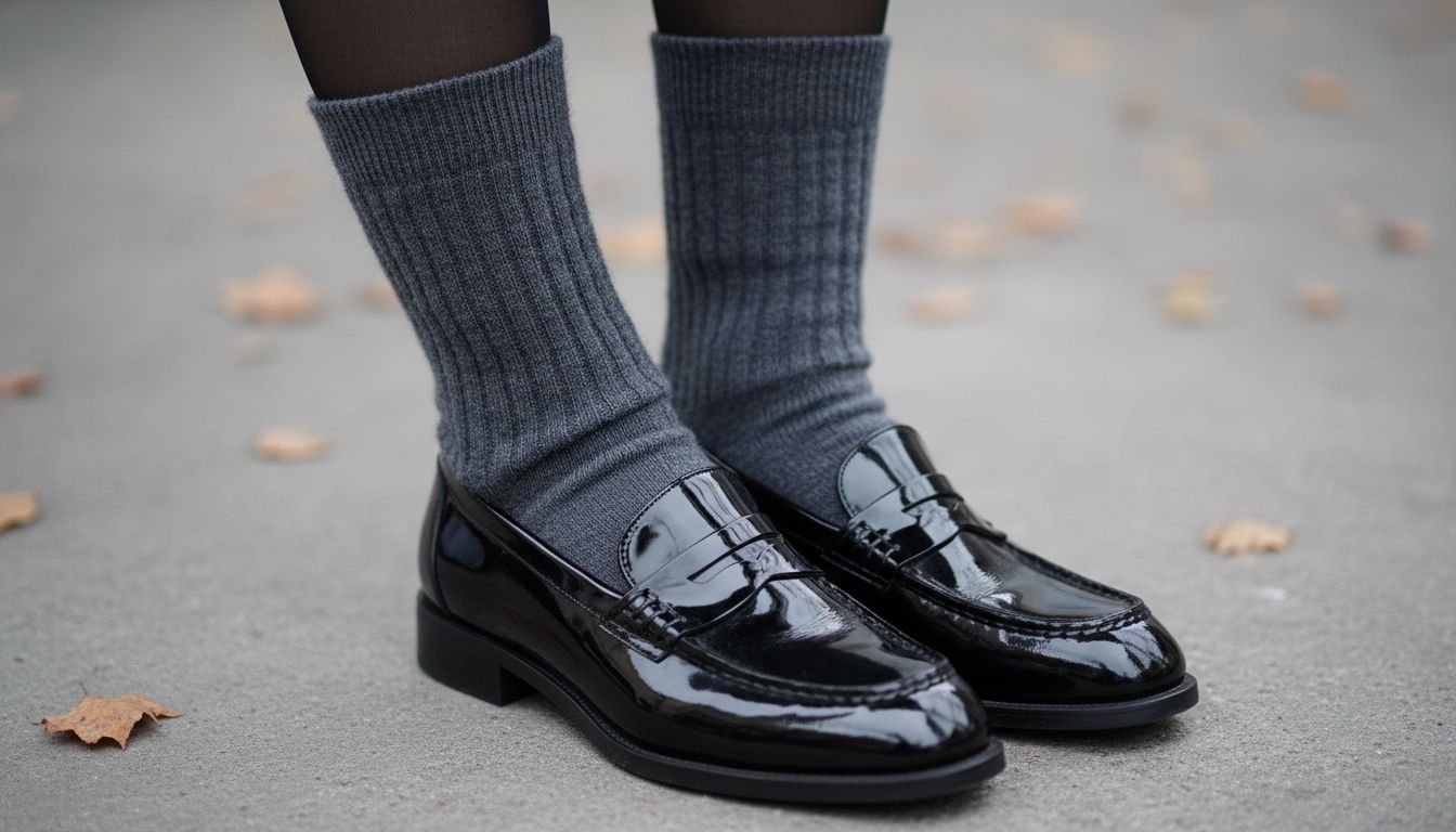 Крупный план, демонстрирующий сочетание черных плотных колготок с серыми кашемировыми носками, надетыми поверх, и черных лаковых лоферов.