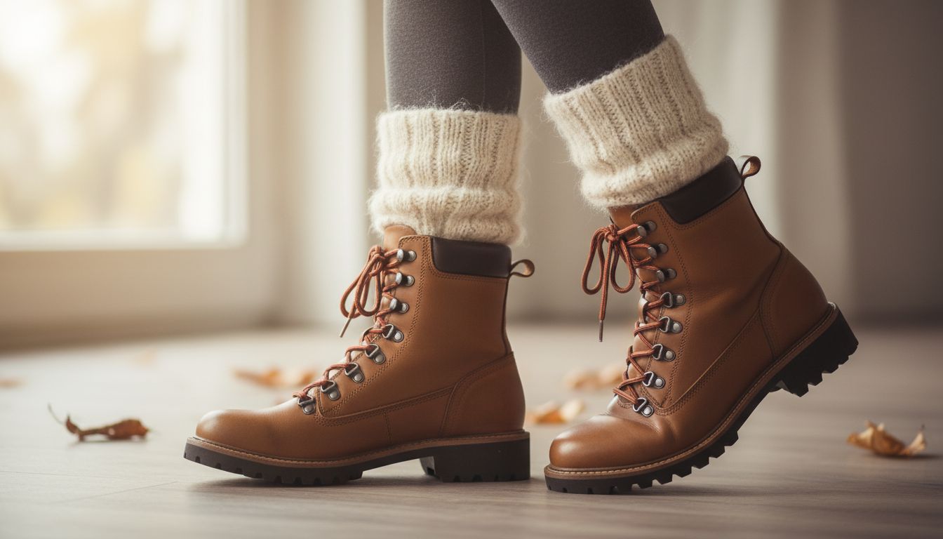 Стилизованный кадр. Носки из пушистого мохера, надетые поверх серых колготок, выглядывают из высоких хайкерских ботинок.