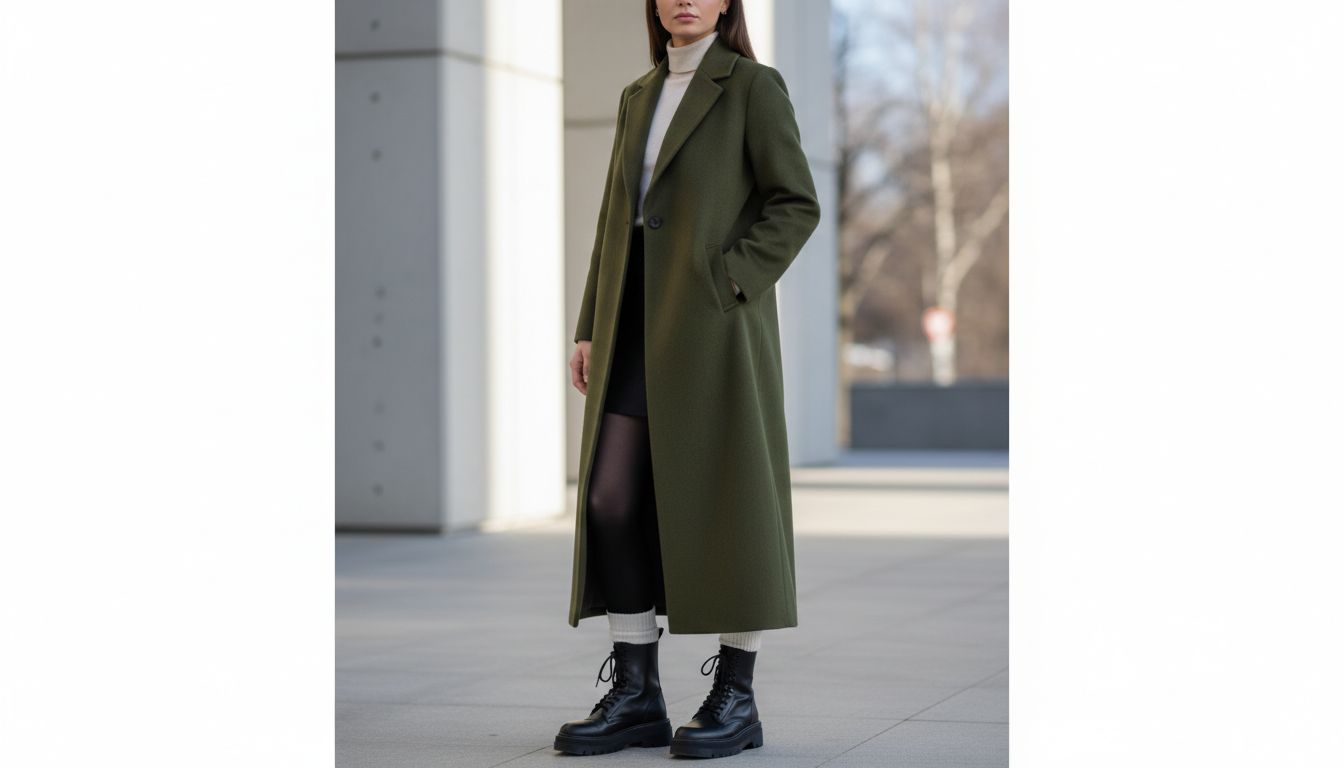Девушка в длинном шерстяном пальто-макси, под которым видна мини-юбка, черные колготки и белые носки, надетые с массивными ботинками.
