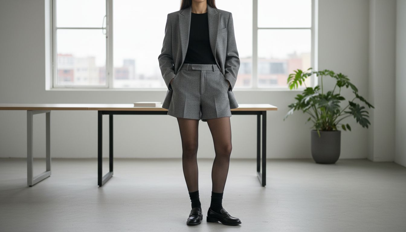 Стилизация, подходящая для офиса: костюм с шортами из серой шерсти, черные плотные колготки, черные носки и классические лоферы на небольшом каблуке.