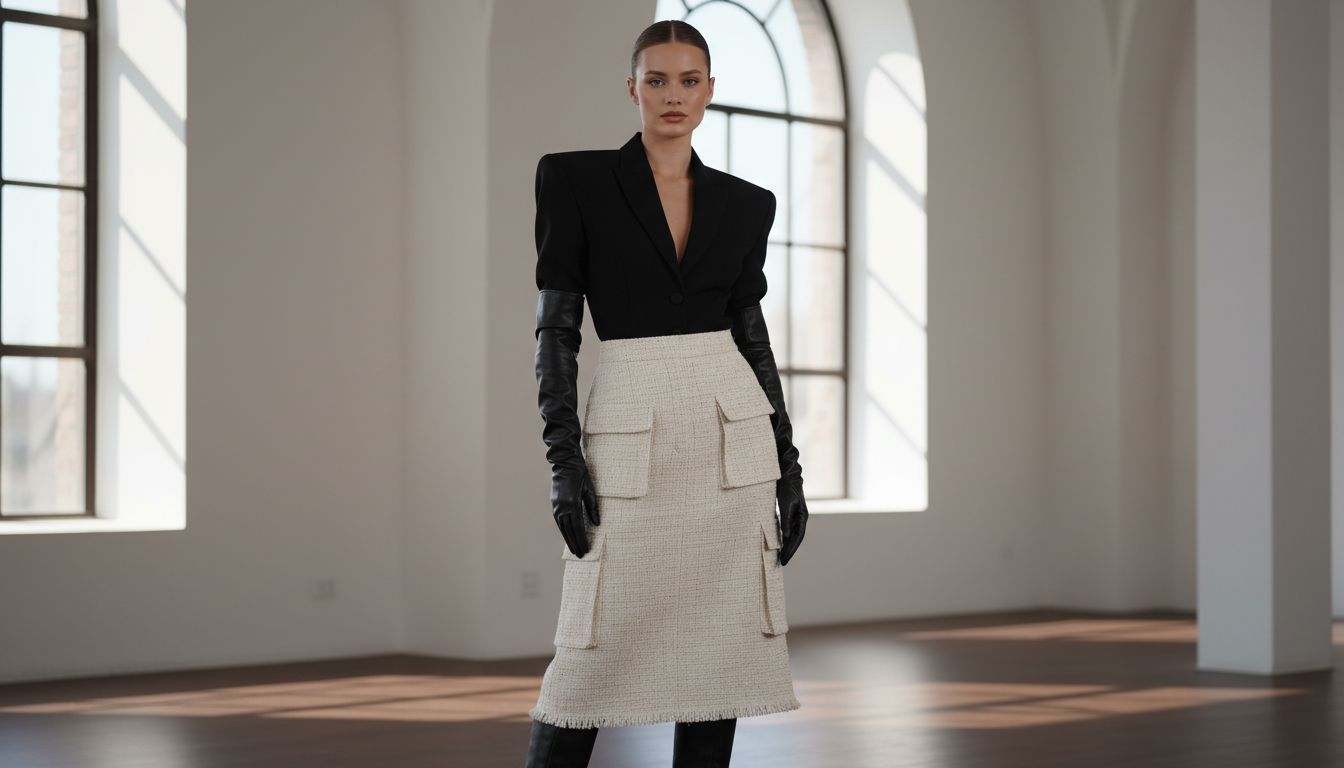Стилизованный образ: женщина в твидовой юбке-карго миди, черном приталенном жакете с гипертрофированными плечами и длинных кожаных перчатках.