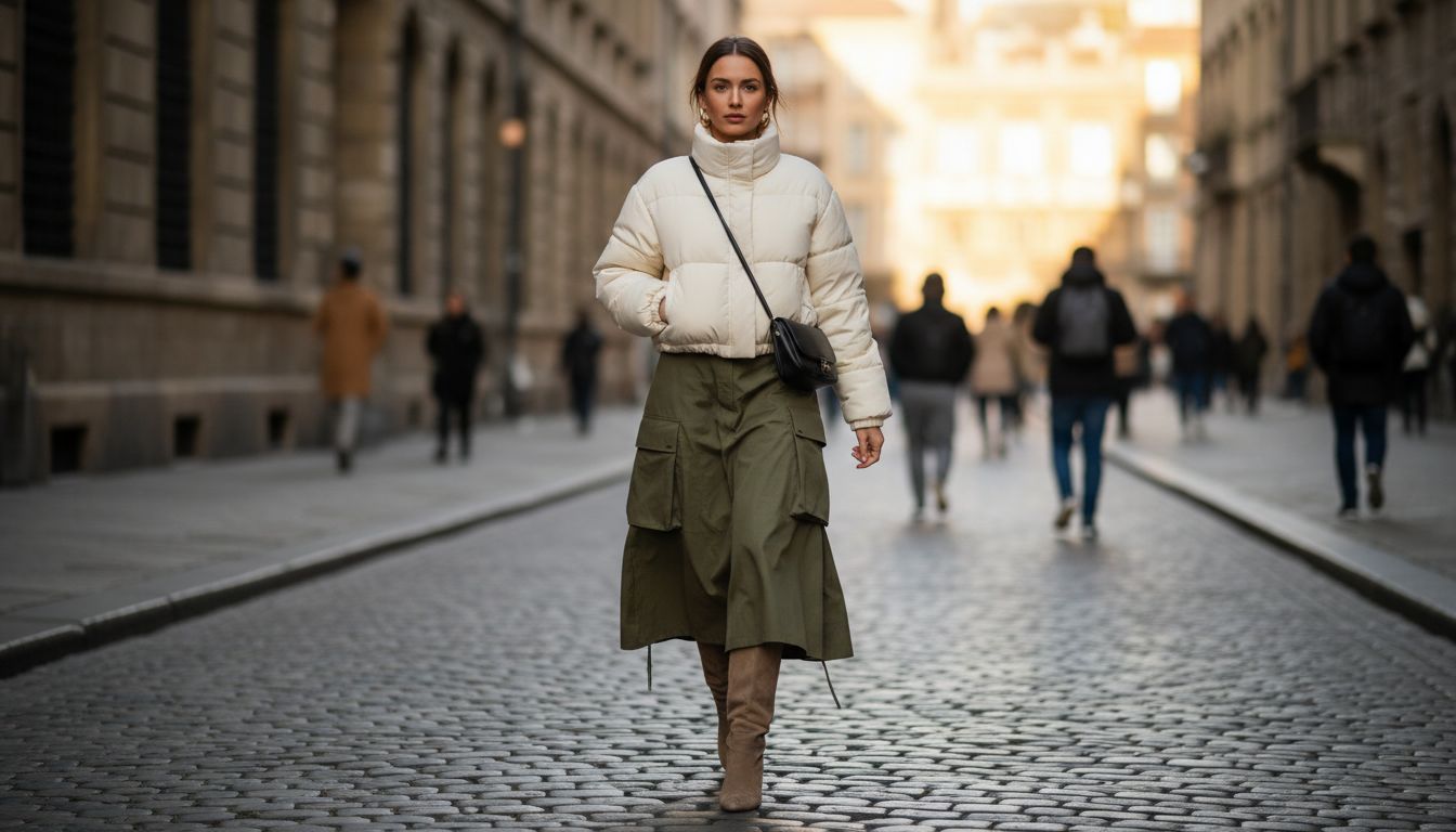 Девушка, идущая по городу, в длинной юбке-карго цвета хаки, стилизованной с укороченным дутым пуховиком и высокими замшевыми сапогами.