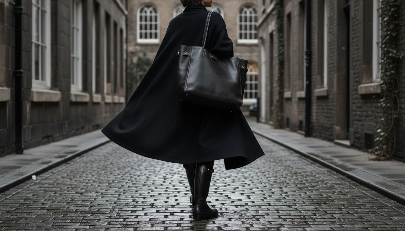 Стилизованный образ: длинный черный кейп, узкие брюки, черные глянцевые Wellington Boots и большая кожаная сумка.