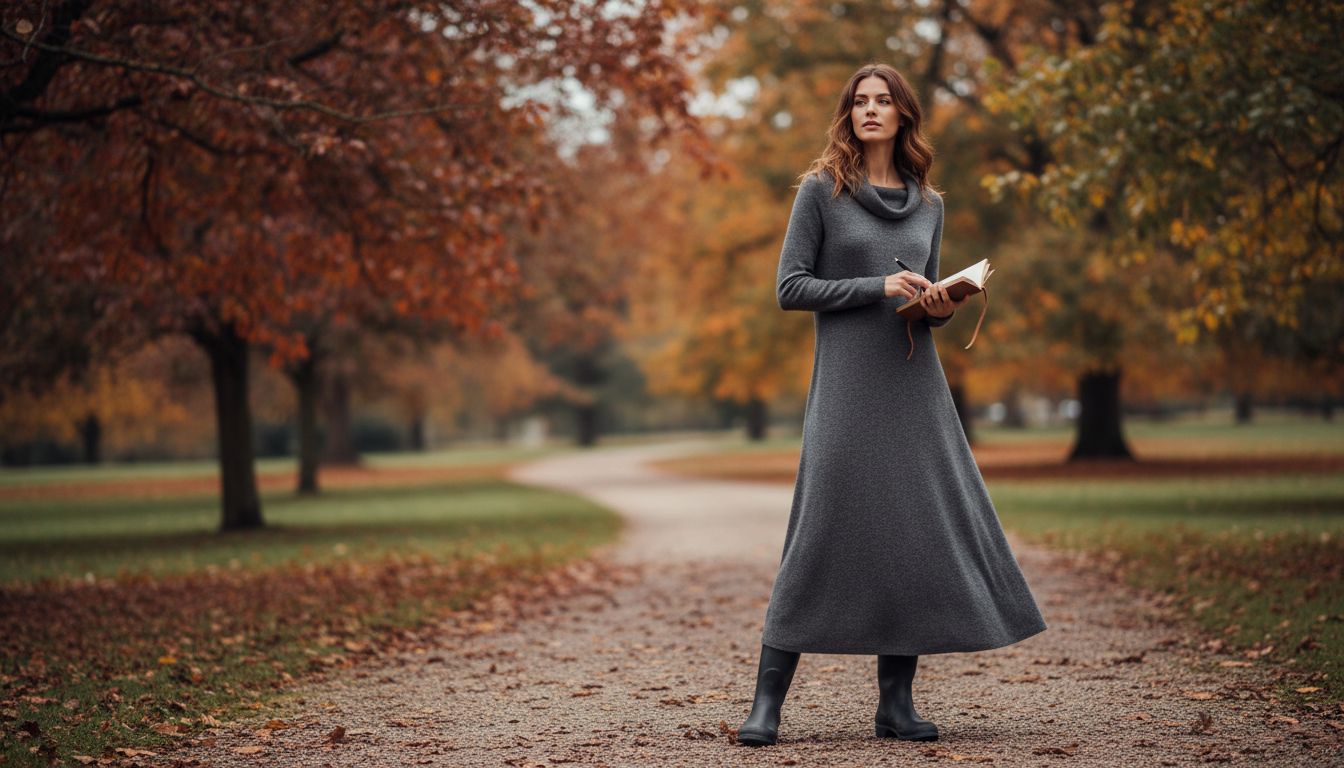 Девушка в длинном сером вязаном платье и черных резиновых сапогах на фоне осеннего парка.