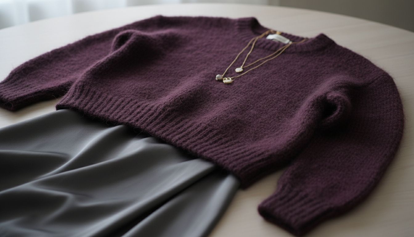 Крупный план свитера крупной вязки из мохера цвета глубокой сливы, лежащего на атласной юбке угольно-серого цвета.